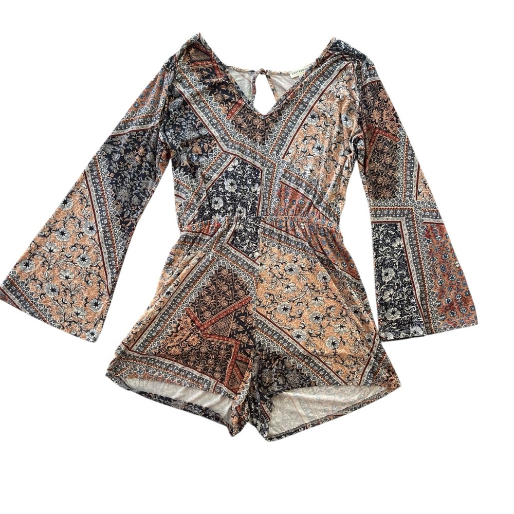 Earthbound Women L Cream Blue Brown Boho Paisley Floral Long Flare Sleeve Romper